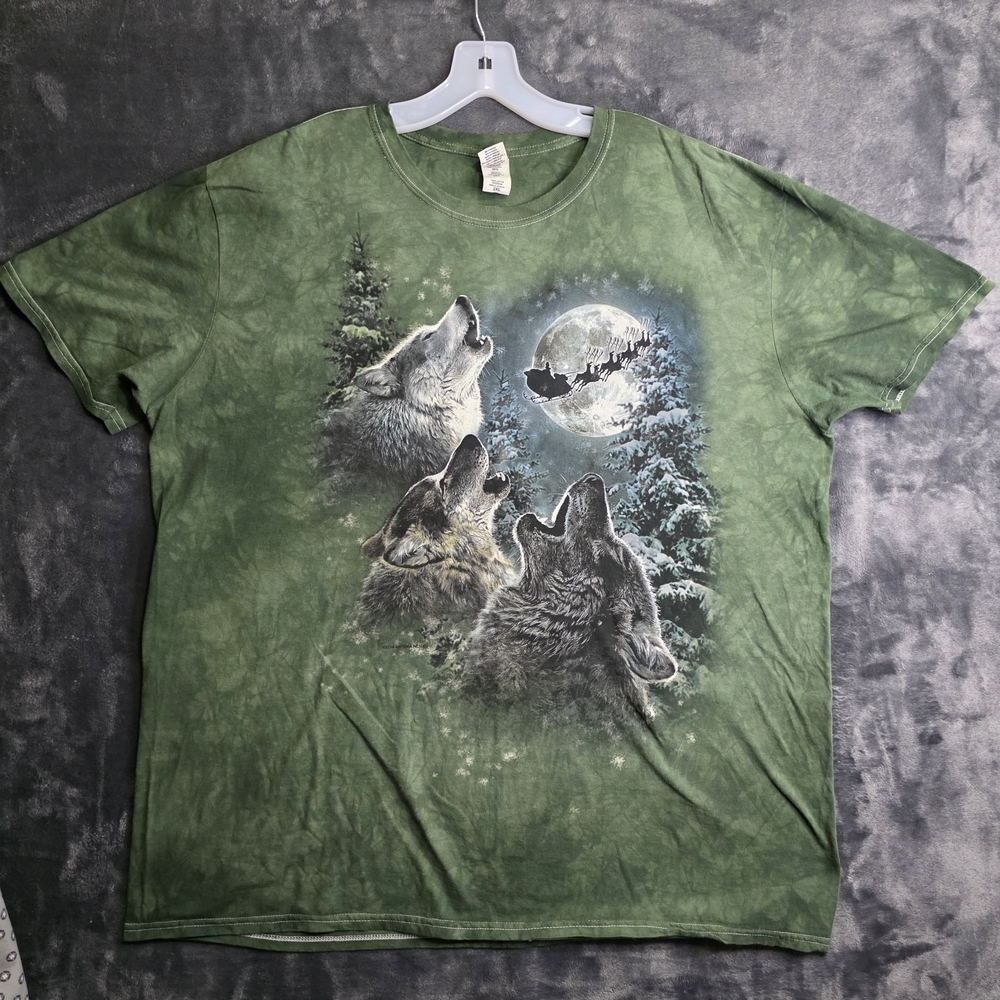 Vintage Gildan Shirt Mens Green Tie Dye Short Sleeve Wolf Pack Howling Size 2XL